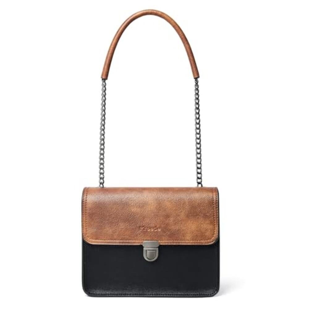 Two-Tone Crossbody Satchel – Black & Brown Faux Leather w/ Chain Strap